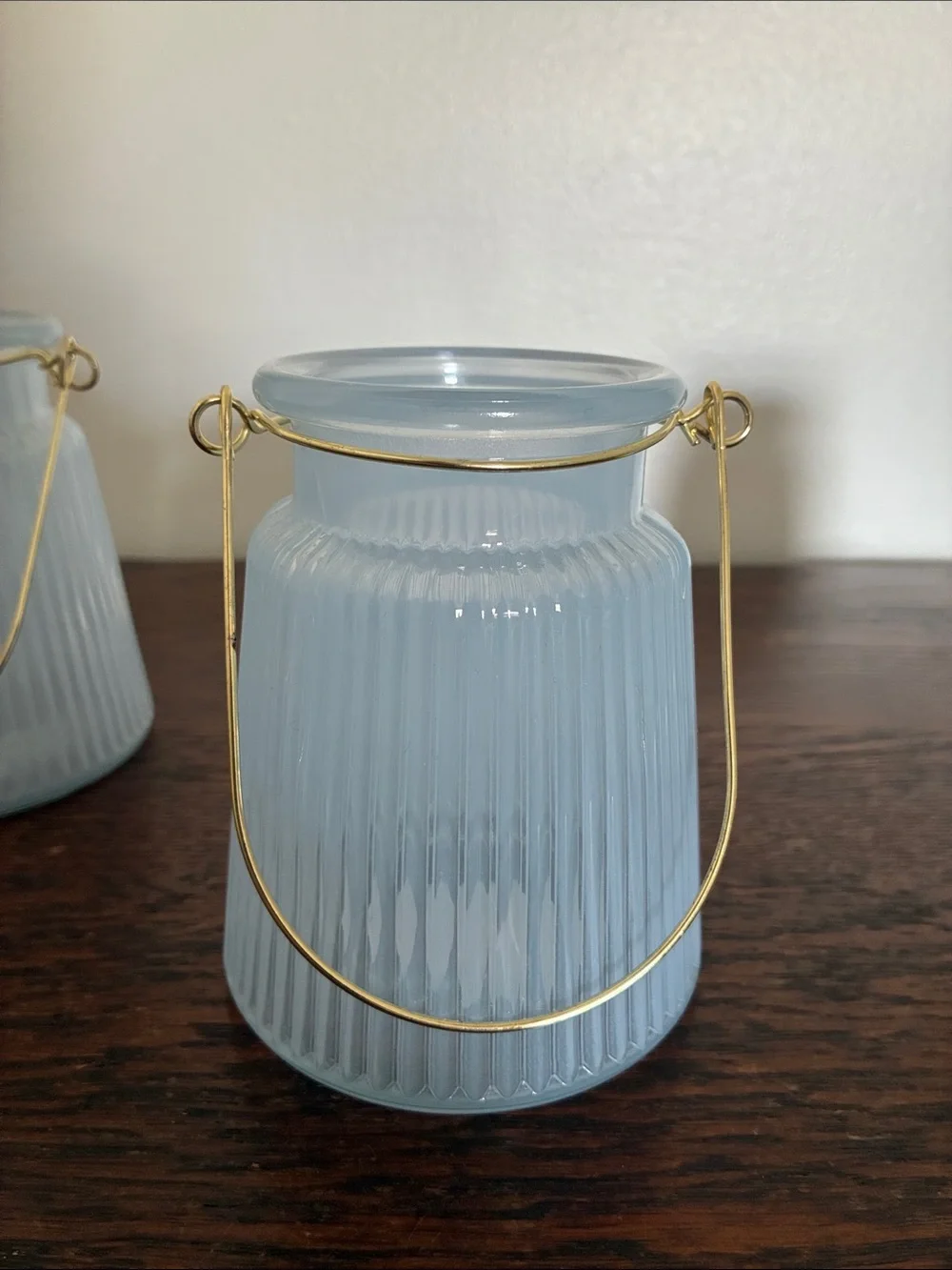 NWT- Set of 3- Light Blue Ribbed Glass Candle Holder Lanterns with Gold Handles